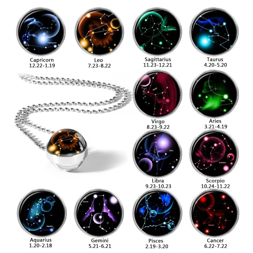 12 Zodiac Sign Pendant Necklace Glass Cabochon Double Galaxy Constellation Horoscope Astrology Necklace For Women Men Jewelry