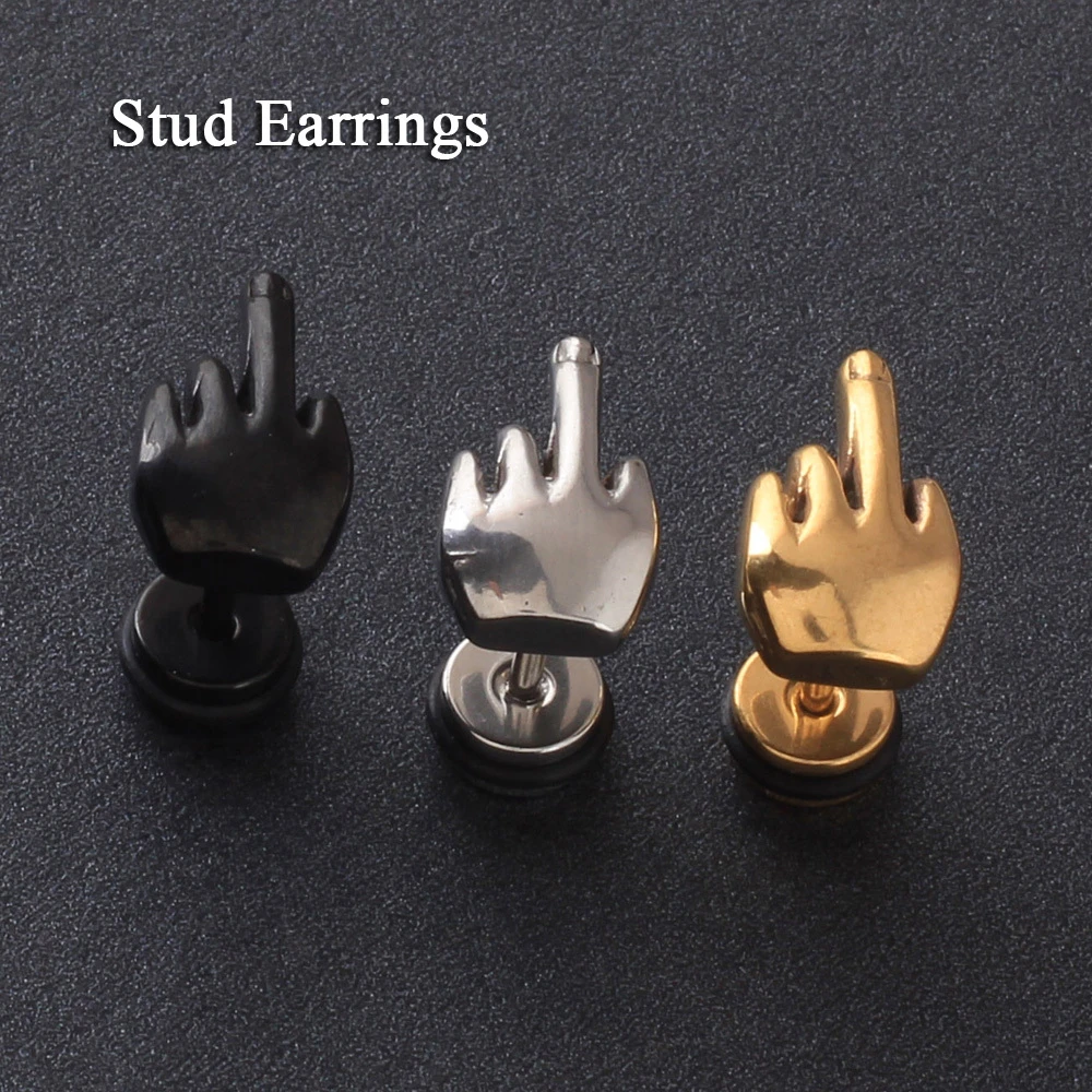 Fashion Rock 2pcs Middle finger Shape men earrings Summer style pierced Stainless Steel Jewelry Stud Earring for men EM0111