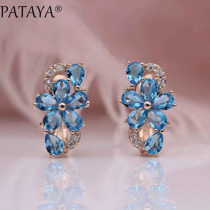 PATAYA New Water Drop Plum Blossom Dangle Earrings Women Fashion Trendy Jewelry 585 Rose Gold Petal Natural Zircon Blue Earrings