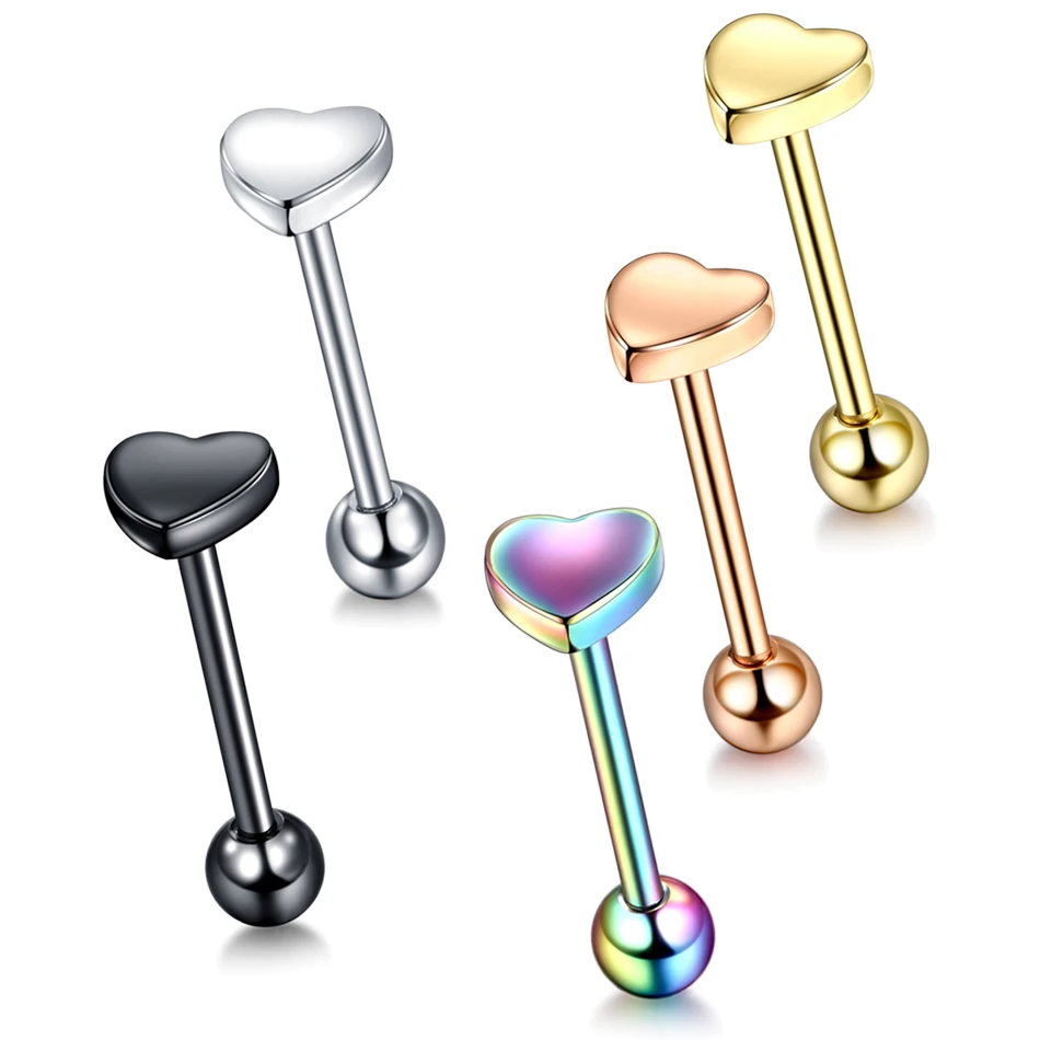 1PC 14G Steel Heart Logo Tongue Barbell Piercings Rose Gold Nipple Barbell Mamilo Piercing Labret Stud Lip Piercing Body Jewelry