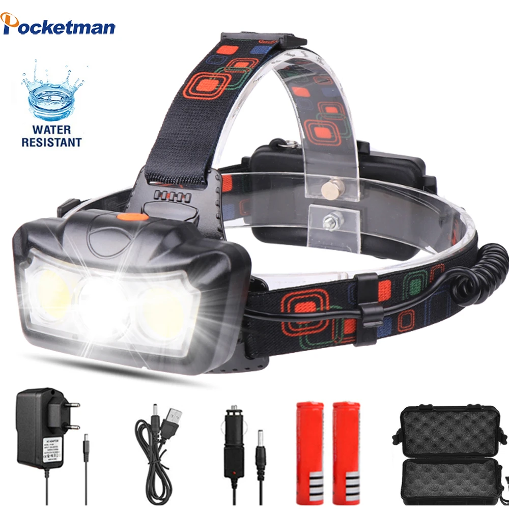 Super Bright LED Headlamp T6+COB LED Headlight Head Lamp Flashlight Torch Lanterna head light Use 2*18650 battery for Camping