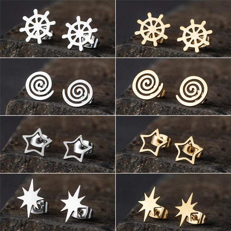 New Trendy Minimalist Cute Golden Multiple shapes Stainless steel stud earrings For Women And Girl Party Jewelry Accessories