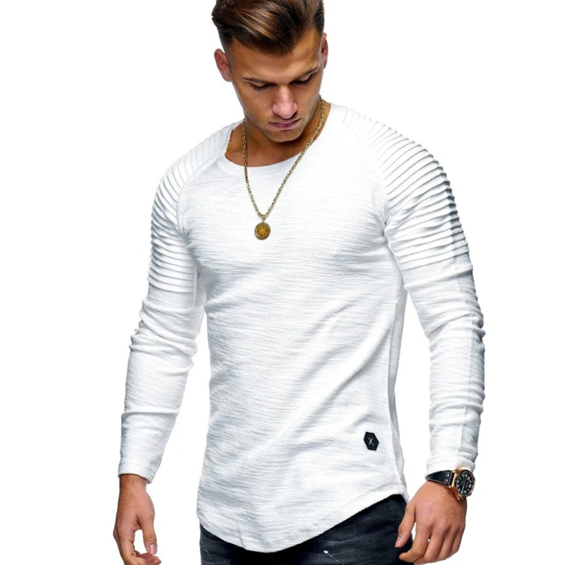 Hot 2021 Solid Color Sleeve Pleated Patch Detail Long Sleeve T-Shirt Men Spring Casual Tops Pullovers Fashion Slim Basic Tops