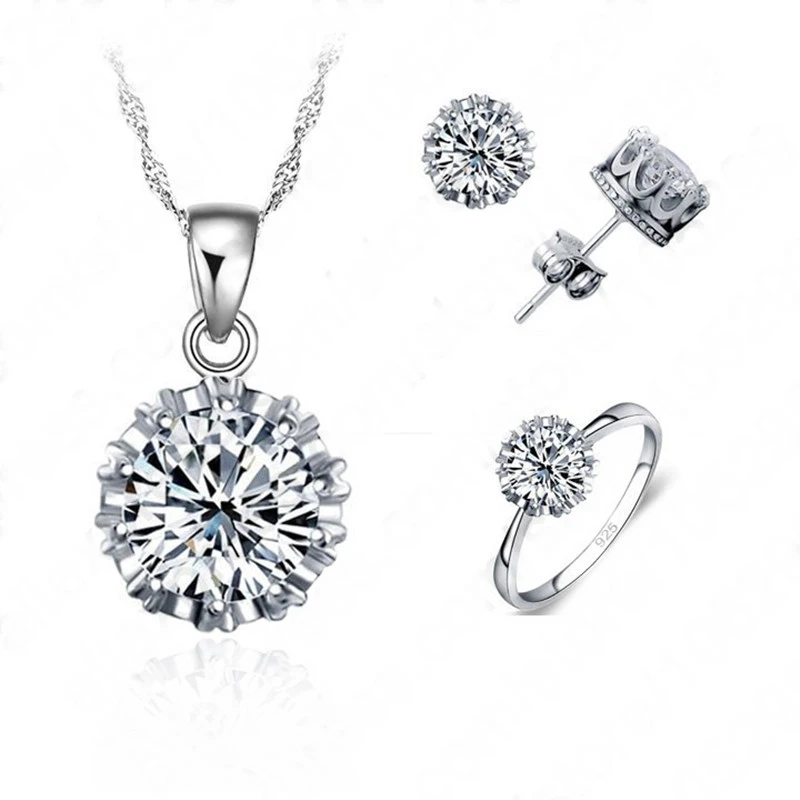 4 Ring Size Hot Sale Women Wedding 925 Sterling Silver Jewelry Sets CZ Cubic Zirconia Necklace/ Stud Earring/ Ring Set Wholesale
