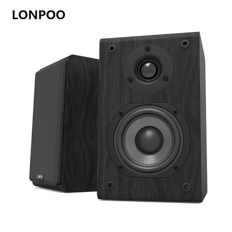 LONPOO Bookshelf Speaker Passive Pair 2-Way 75W *2 Classic Wooden Loudspeaker with 4-inch Carbon Fiber Woofer Tweeter Speaker
