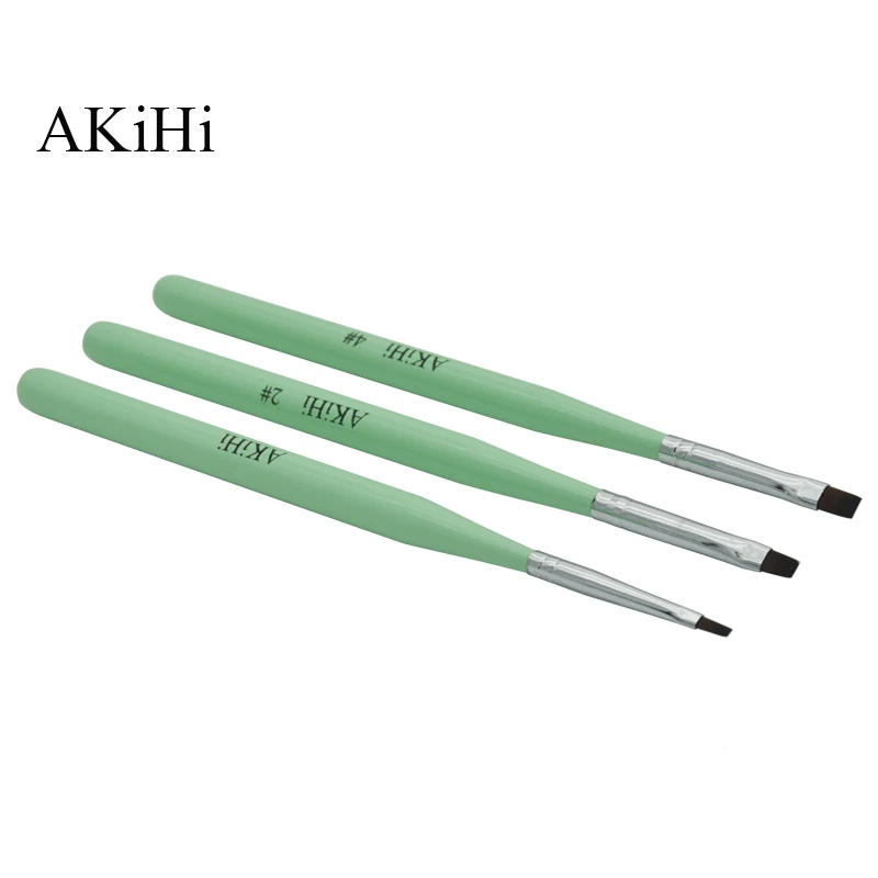 AKiHi UV Gel Painting Draw Brush Nail Art Pen Flat Manicure Brushes Tools Green Handle with Metal Cap