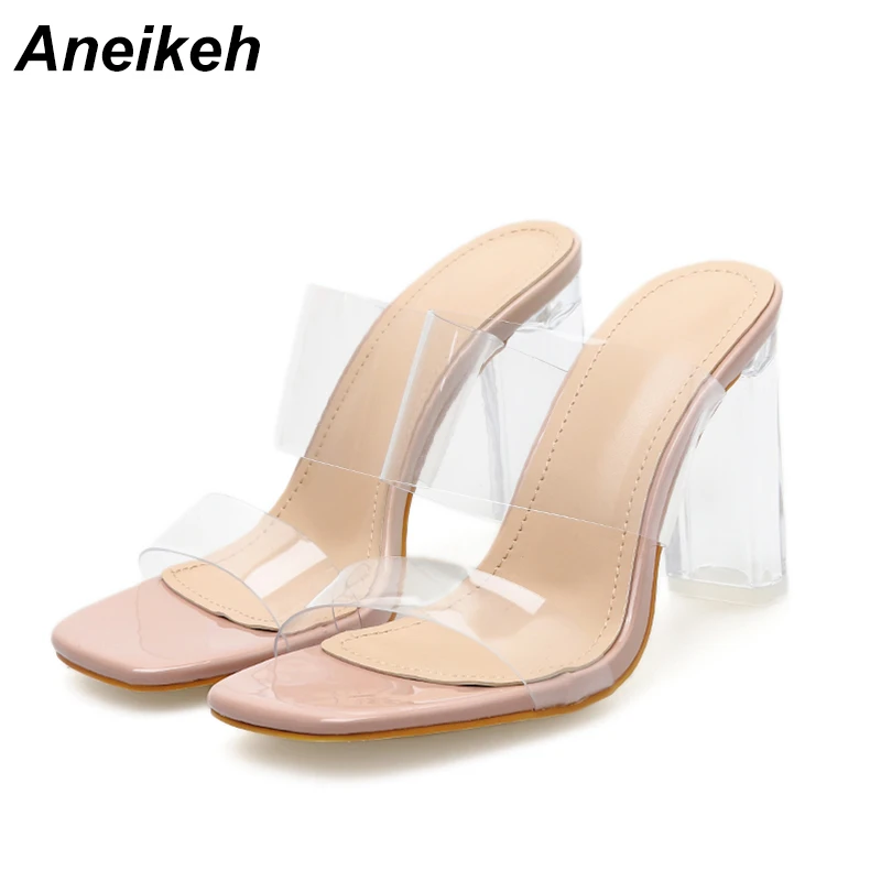 Aneikeh New PVC Transparent Slippers Open Toe Perspex Heel Women High Heel Crystal Women's Shoes Transparent Slippers Size 35-42