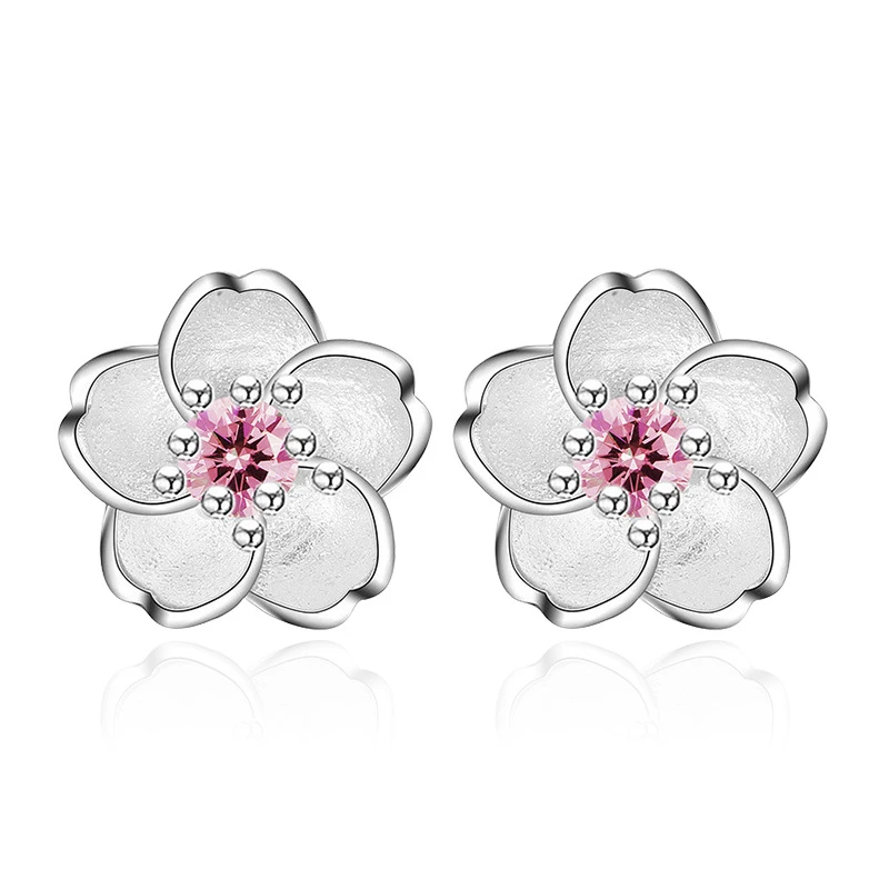 Cherry Flower Blossoms Flower Crystal Stud Earrings Silver Color Ear Studs Women's Fine Jewelry Mother's day Birthday Gift