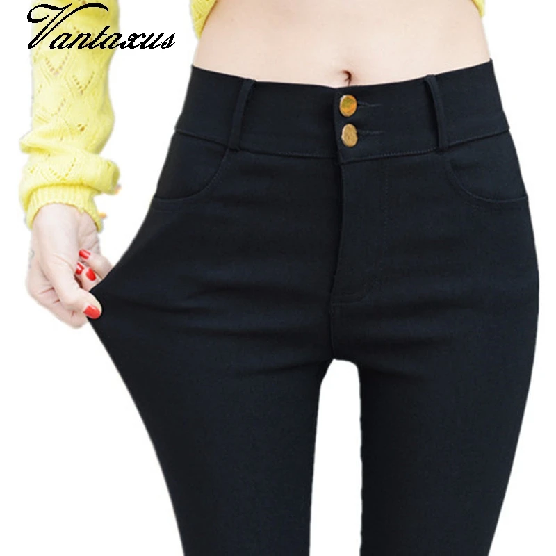 lady casual street fashion blended cotton slim pencil pants women ankle length skinny pant solid black button pocket trousers