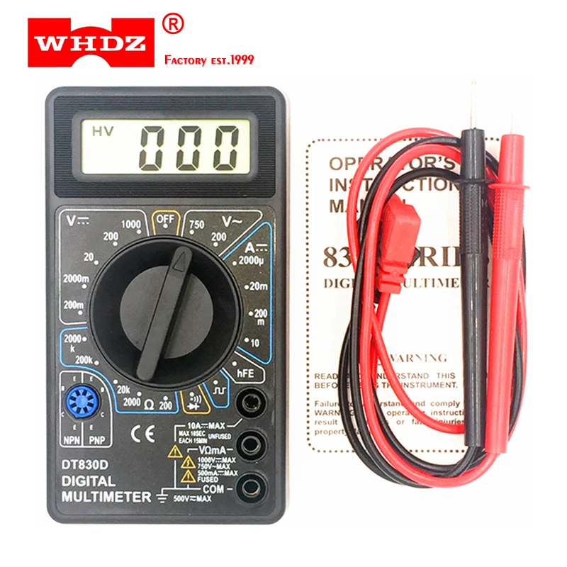 WHDZ DT-830D Mini Digital Multimeter with Buzzer Overload protection Safety Voltage Ampere Ohm Tester Probe DC AC LCD Black