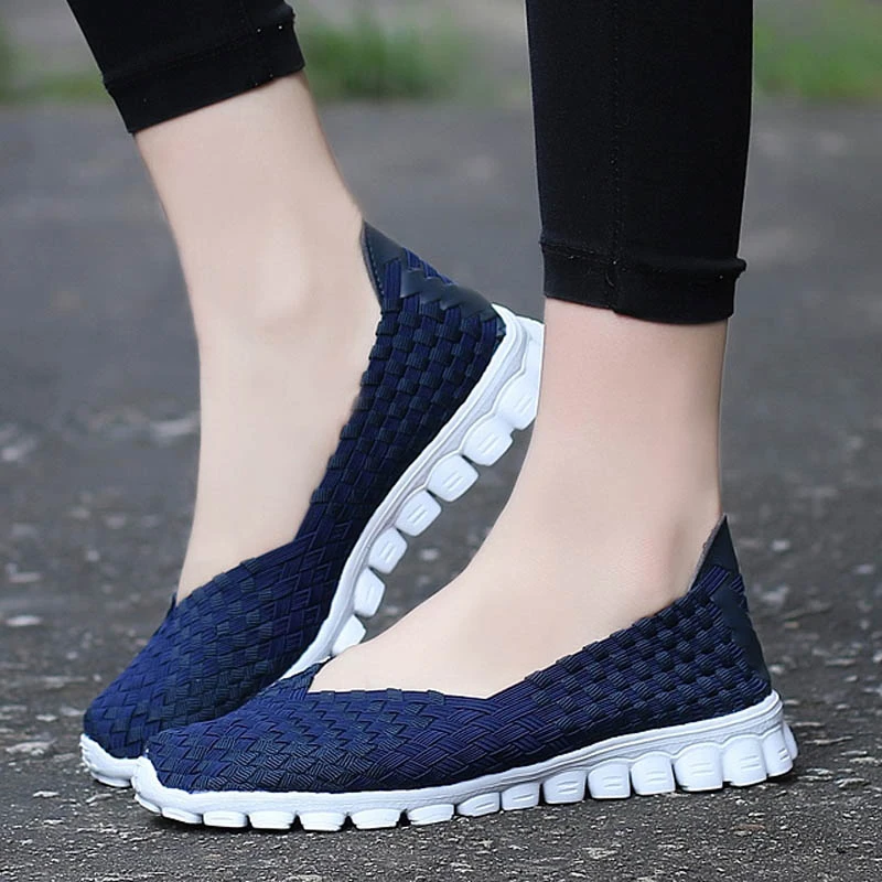 Women Shoes Summer Casual Flats Breathable Female Sneakers Woven Walking Shoes Slip On Ladies Loafers Handmade Shoes Size 35-40