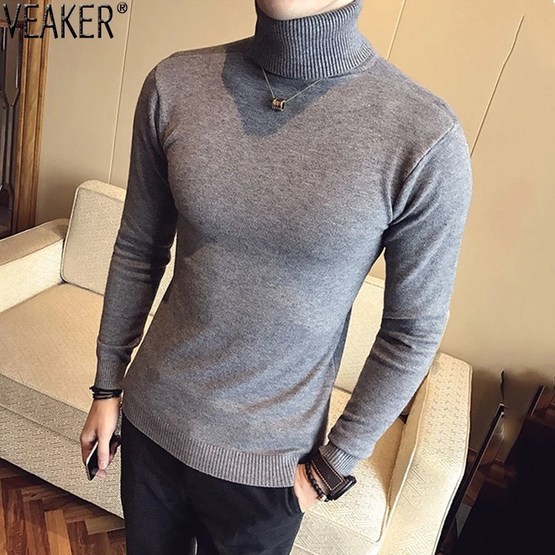 2020 Autumn New Men's Turtleneck Sweaters Male Black Gray Sexy Slim Fit Knitted Pullovers Solid Color Casual Sweaters Knitwear