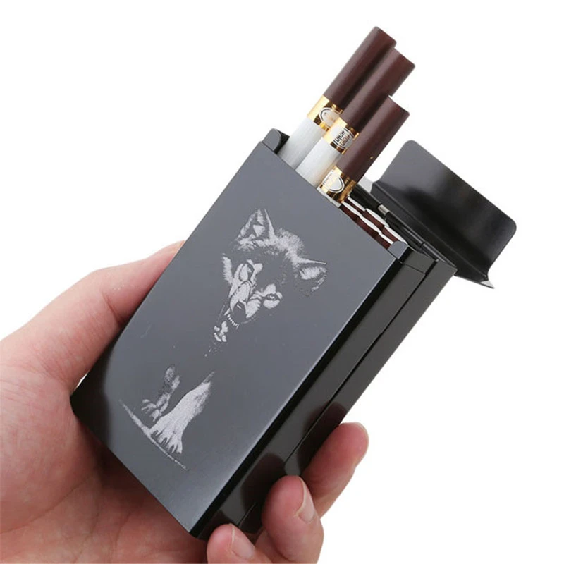 Black Wolf Metal Cigarette Case Boxes Personalized Ultra Thin Automatic Cigarette Tobacco Holder Storage Case Pocket-case Gifts