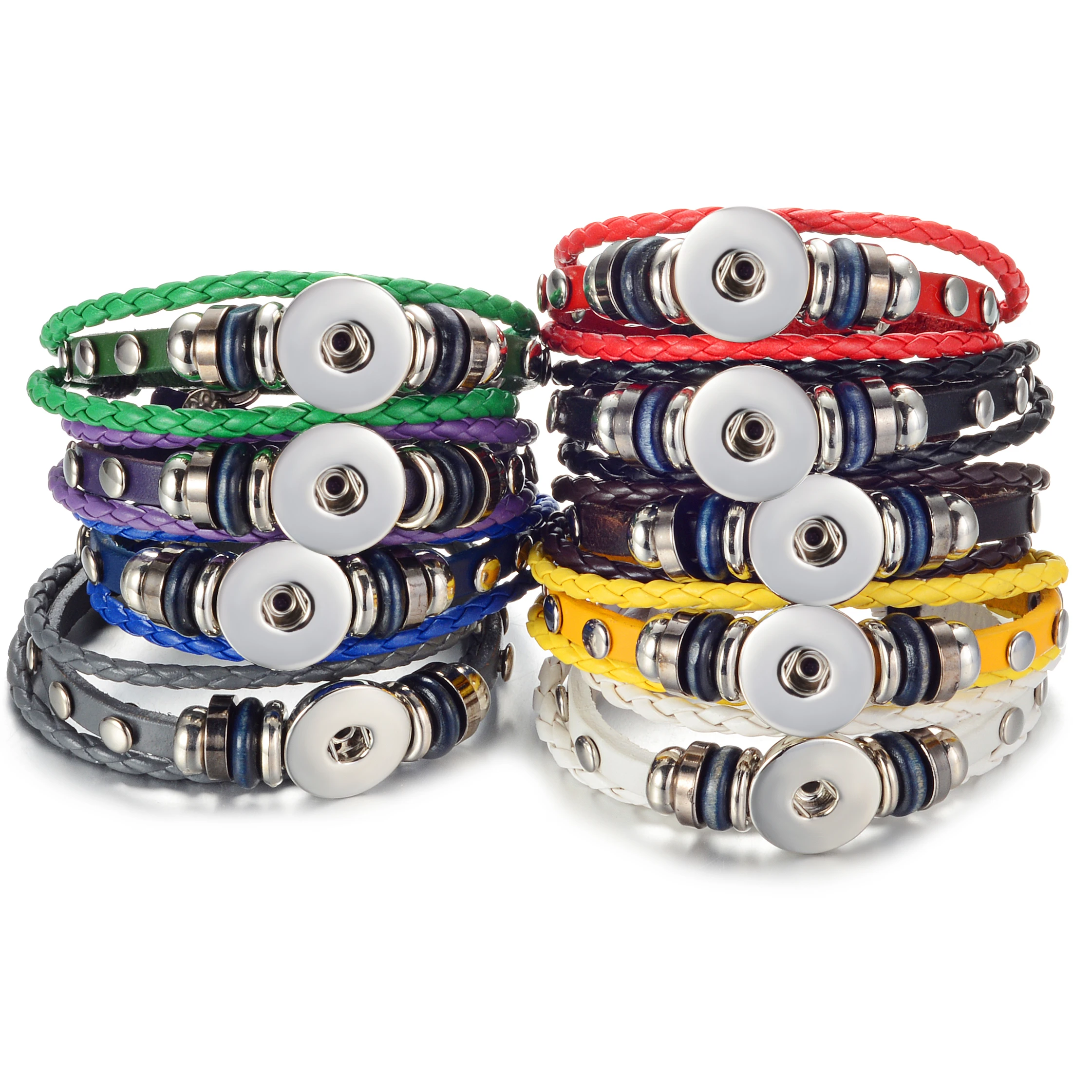 10PCS/Lot Vocheng Ginger Snap Button Jewelry Leather Braided Bracelet 18mm 7 Colors NN-461*10