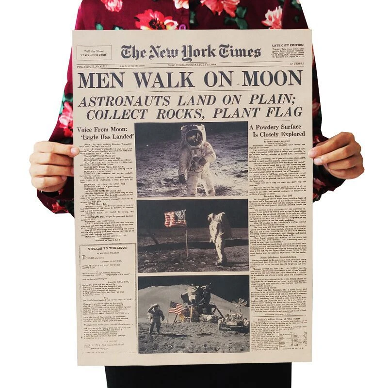 DLKKLB The Apollo 11 Moon Landing New York Times Vintage Poster Kraft Paper Retro Kids Room Decoration 51X35.5cm Wall Sticker