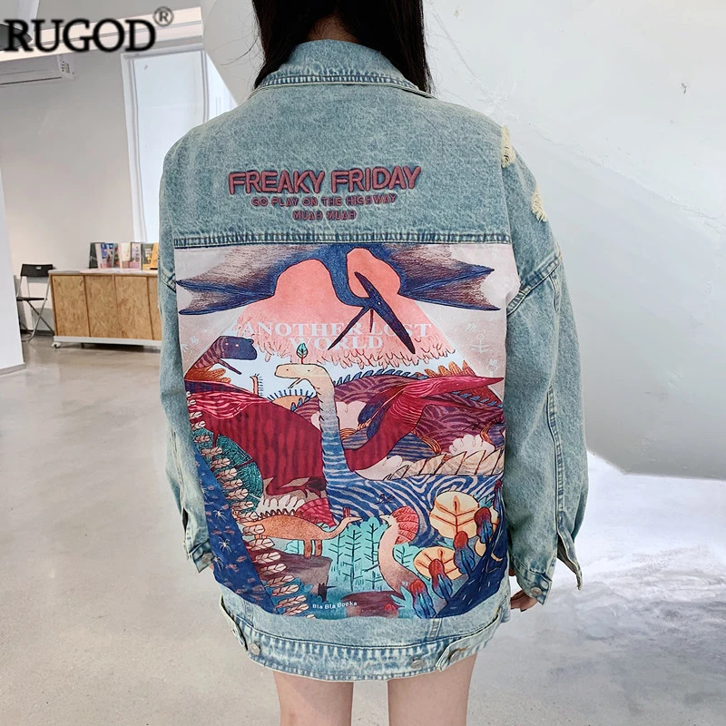 RUGOD 2021 New Autumn Funny Cartoon Print Long Denim Jacket Women Vintage Streetwear Punk Style Jean Jacket Autumn Hot