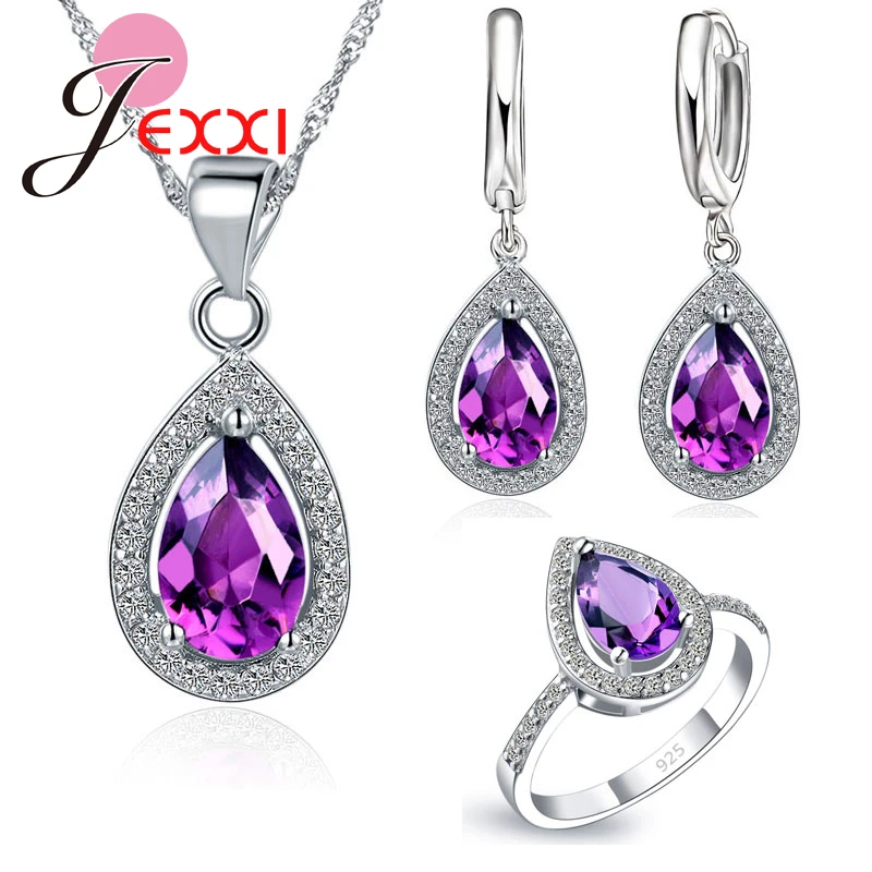 Elegant 925 Sterling Silver Original Wedding Jewelry Set Water Drop Pendant Necklace Earrings Rings AAA Zircon Size 6 7 8 9