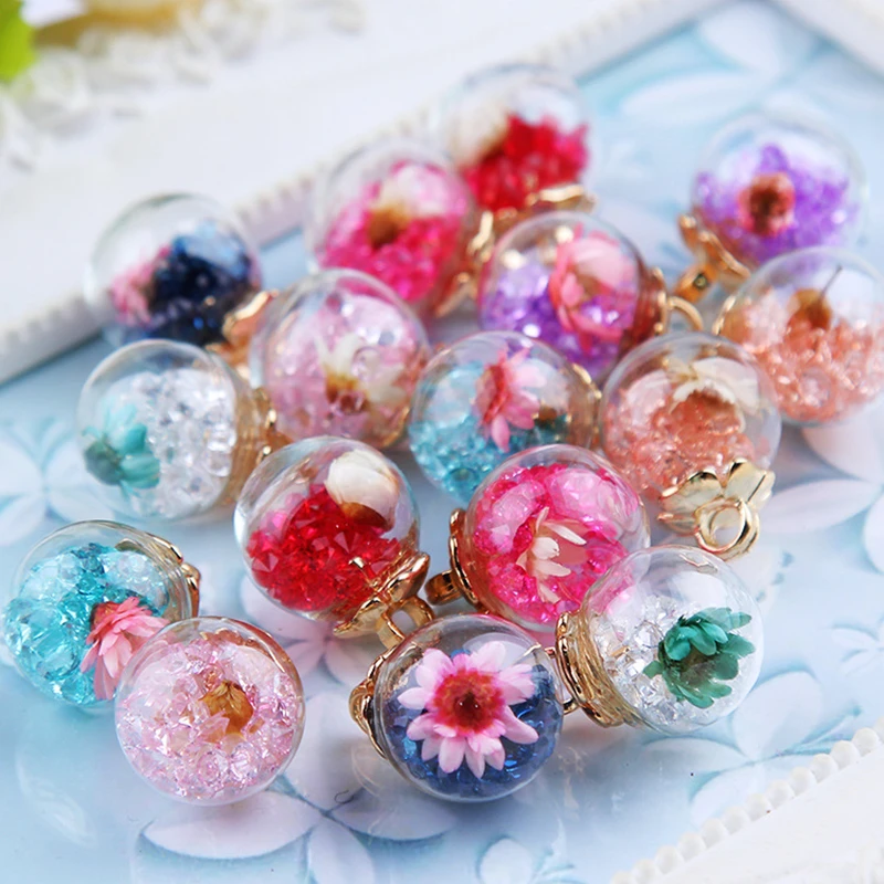 10pcs/pack 17mm Crystal With Flower Glass Ball Charms Pendant fit Bracelet Necklace Hair Jewelry Accessories DIY Craft