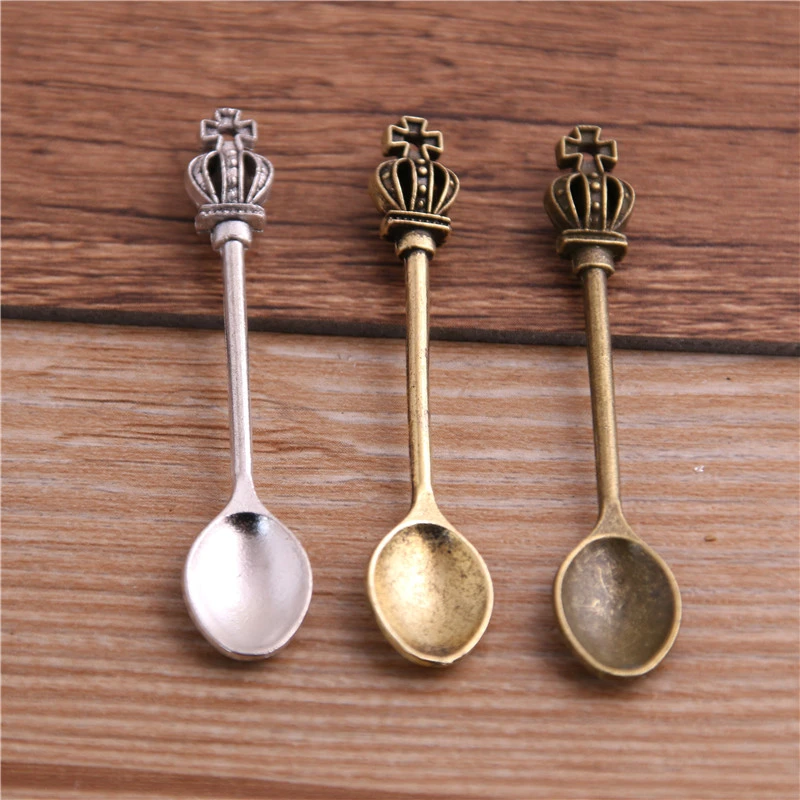 8PCS 11*57mm Three Colors Fashion Vintage Crown Spoon Tableware Pendants Charms For Jewelry Making Charm