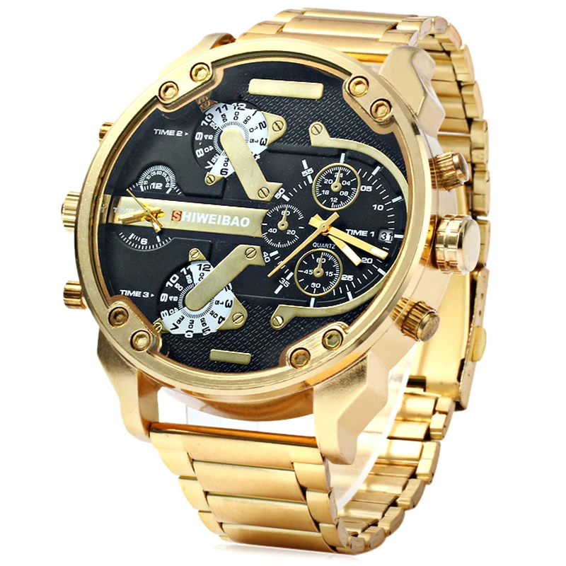 Big Watch Men Luxury Golden Steel Watchband Men's Quartz Watches Dual Time Zone Military Relogio Masculino Casual Clock Man