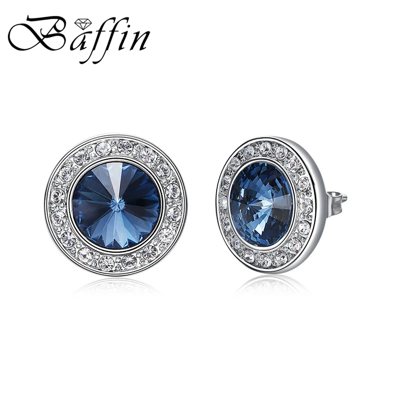 Baffin Round Stud Earrings Real Crystals from Swarovski For Women Lover Trendy Silver Color Piercing Jewelry Valentine Day Gift