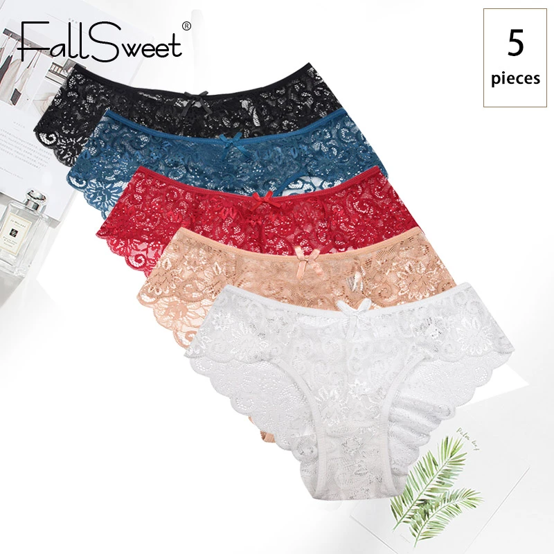 FallSweet 5 pcs/pack ! Ultra Thin Lace Panties Mid Rise Soft Women Brief Hollow Transparent Underwear