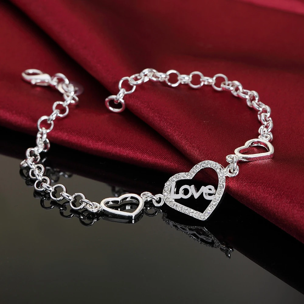 Silver color heart crystal for women lady cute noble nice bracelet fashion charm chain jewelry wedding party , LH015