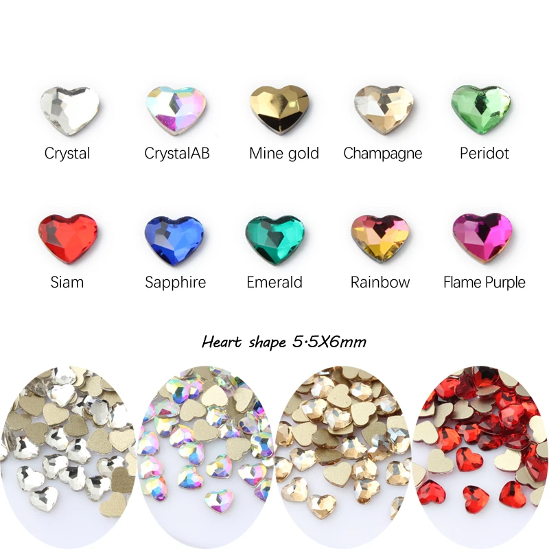 Hot heart-shaped nail art rhinestones 11 colors exquisite crystal stone size two styles 30pcs / 100Pcs for 3D nail decoration