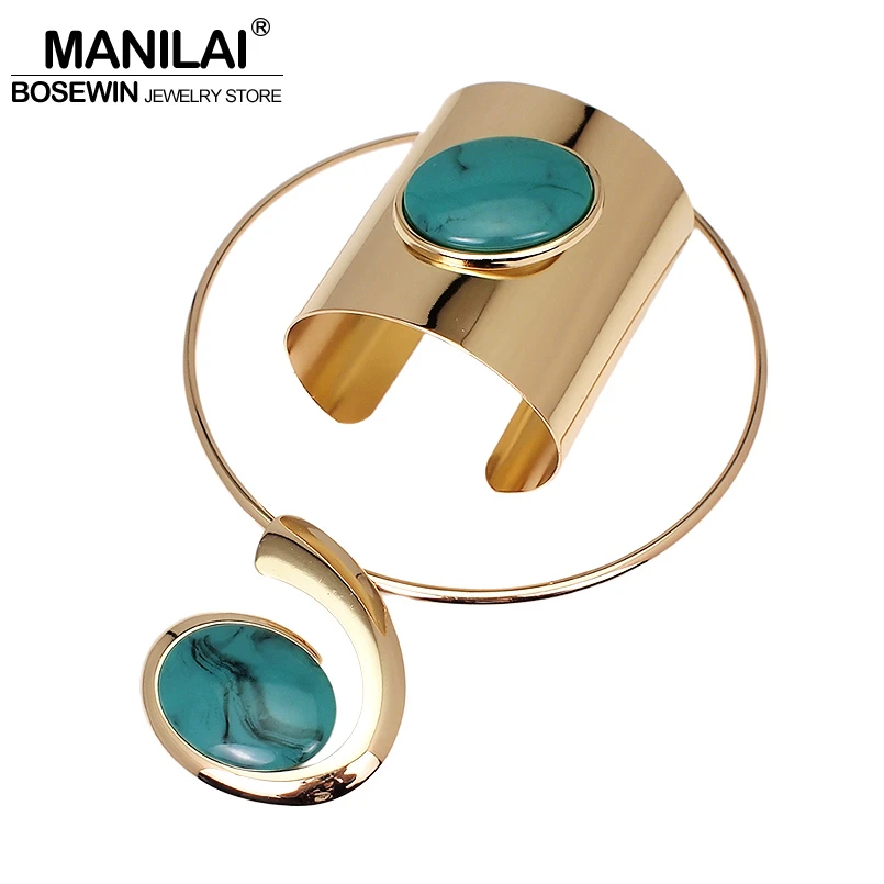 MANILAI Big Oval Resin Set Jewelry Metal Torques Cuff Bracelet Bangles Necklace Women Alloy Statement Necklaces Party Sets