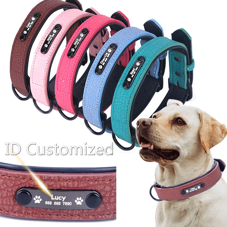 Personalized Dog Collars adjustable Soft Leather Custom Dog Collar Engrave Name ID Tags for Cat puppy large Dogs Pet Accessories