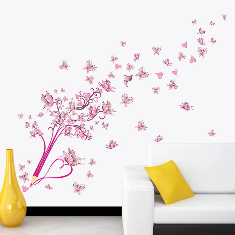 Pink Pencil Butterfly Flower Wall sticker for Bedroom living room background decoration Decals Mural Art Butterflies Stickers