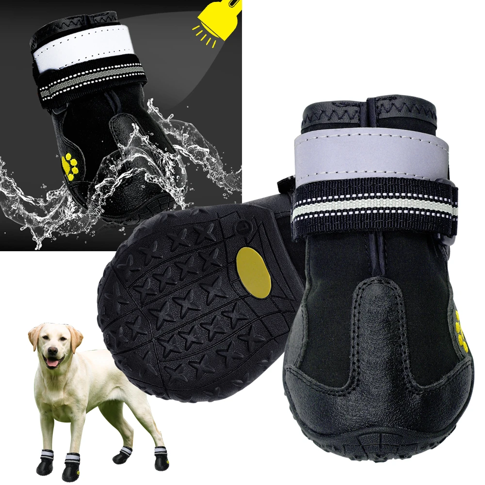 4pcs/set Pet Dog Shoes Reflective Waterproof Dog Boots Warm Snow Rain Pets Booties Anti-slip Socks Footwear For Medium Large Dog