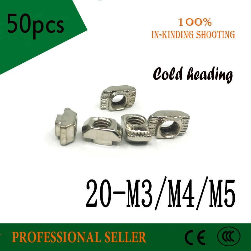 New brands Cold heading 50pcs 20-m3 M4 M5 T-nut Hammer Head Fasten Nut 3D Printer Parts steel for 2020 series T Slot Groove