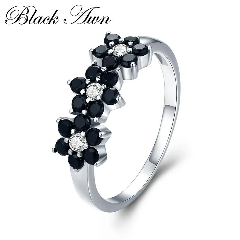 2021 New Cute 925 Sterling Silver Fine Jewelry Flower Bague Black Spinel Wedding Rings for Women Girl Party Gift C464