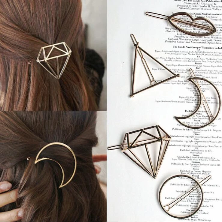 Fashion Metal Leaf Hair Clip Barrettes Hairpin Barrette Hair Claws Women Girls Trend Charm Moon Round Triangle