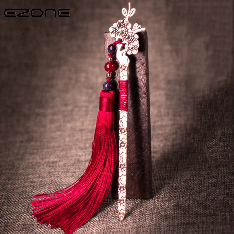 EZONE Antique Metal Bookmark Handmade With Colorful Tassel Beads Traditional Chinese Style Vintage BookMark School Office Supply