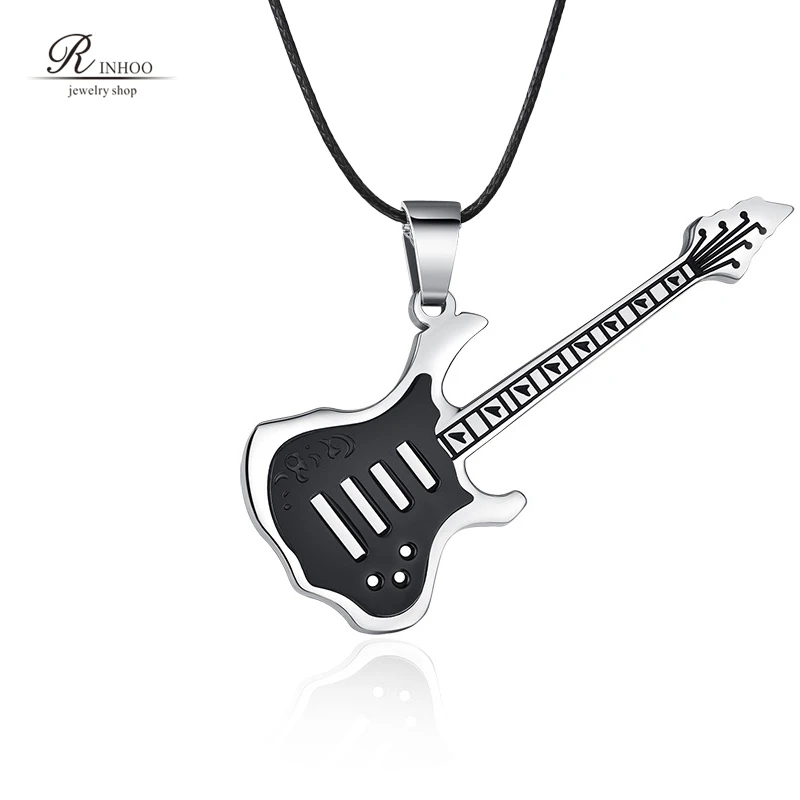 Rinhoo Trendy Leather Chain Guitar Necklace For Men Punk Rock Music Jewelry Gift Stainless Steel Necklace Pendant Wholesale