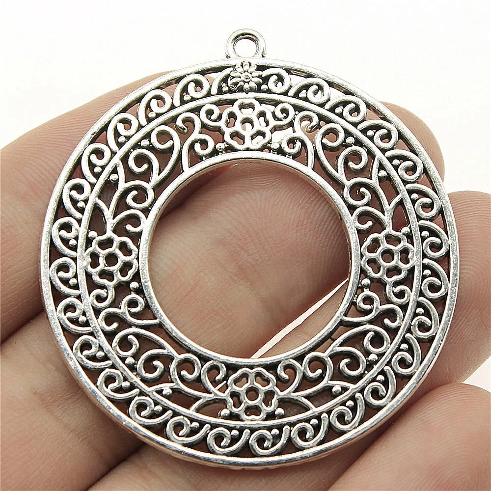 WYSIWYG 1pcs 48x45mm Filigree Carved Circle Bohemia Charm Pendants For Earring Making Necklace Making