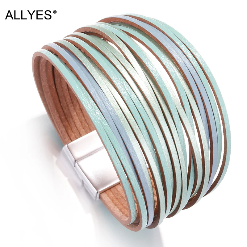 ALLYES Mix Color Leather Bracelets For Women 2020 Fashion Ladies Bohemian Strips Multilayer Wide Wrap Bracelet Femme Jewelry