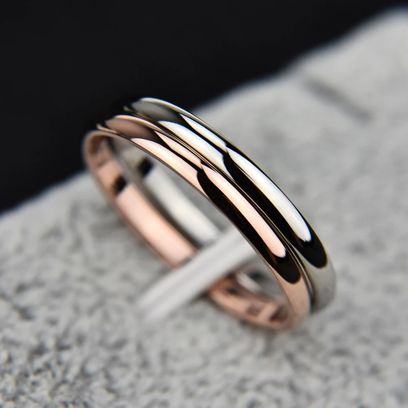 KNOCK  2 MM Thin Stainless Steel Three color Couple Ring Simple Fashion Rose Gold Finger Ring For Women  jewelry