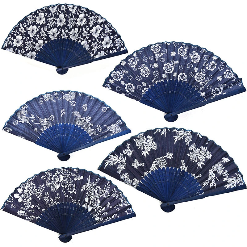 1Pcs Random Color Classical flower design Chinese style blue fabric hand fan with dyed blue bamboo frame Wedding Party Favor