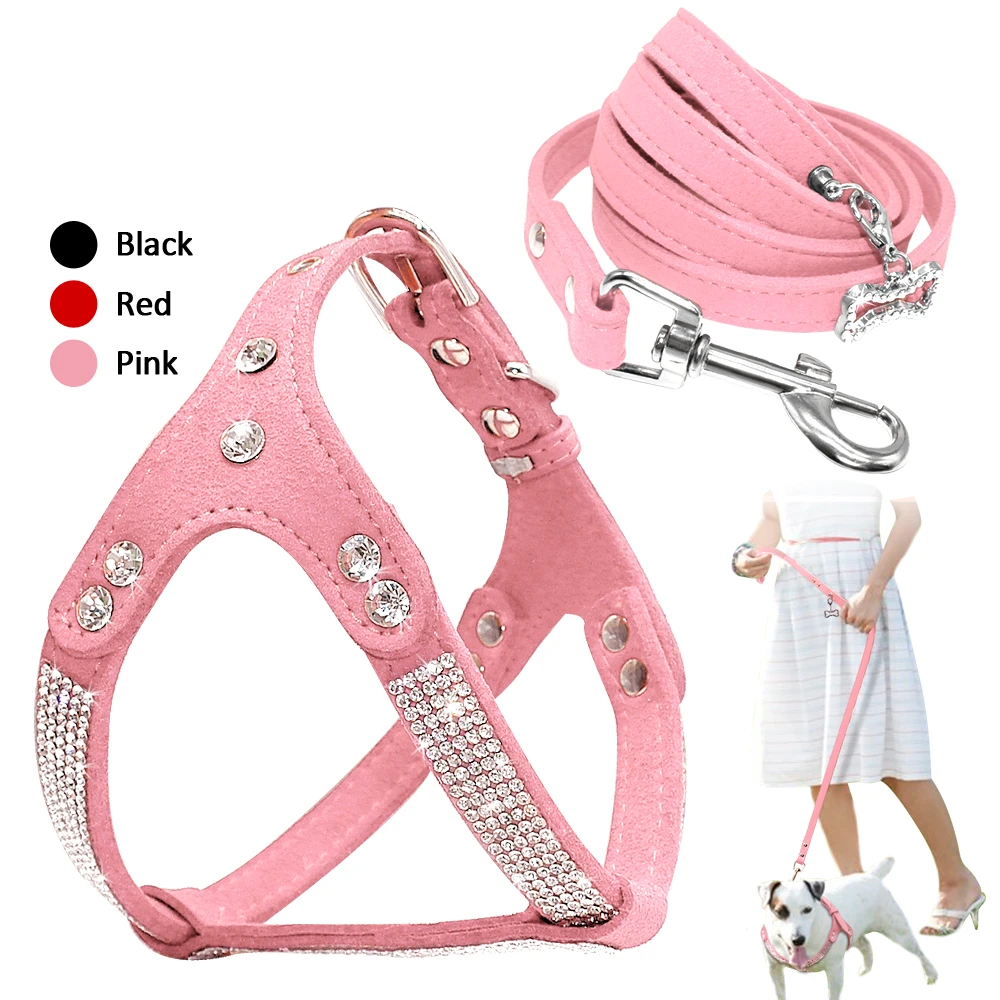 Soft Suede Leather Dog Harness and Leash Set Rhinestone Puppy Vest With Crystal Bone Pendant For Small Medium Pets Chihuahua