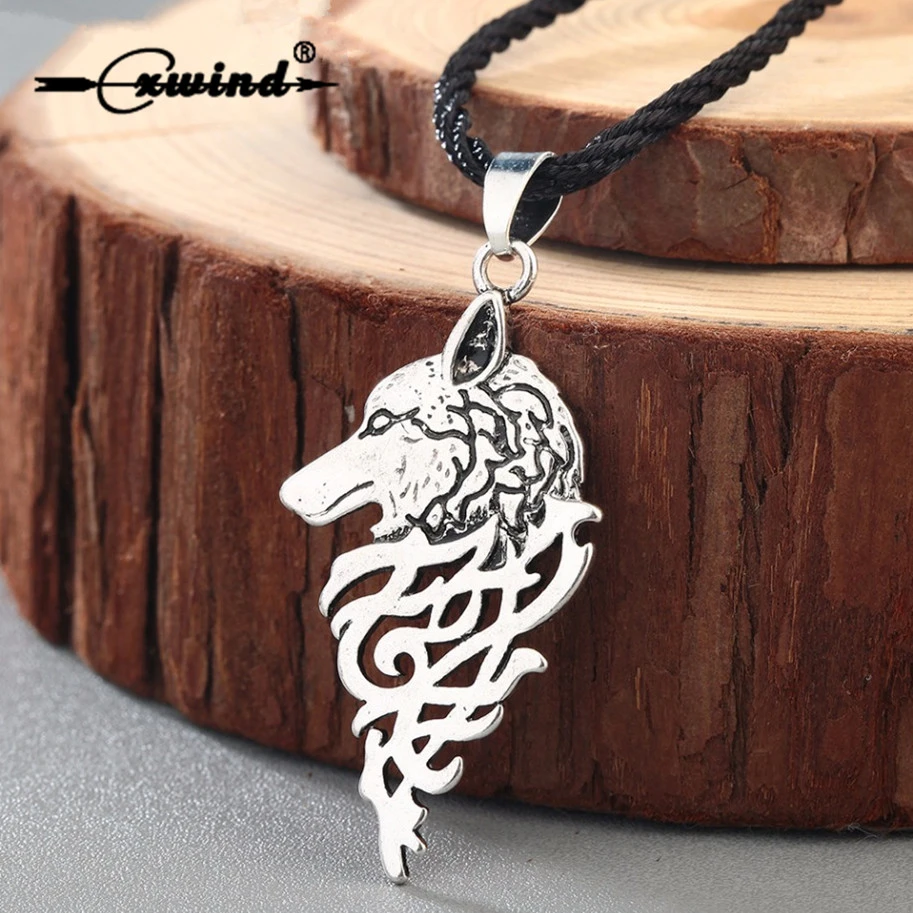 Cxwind Retro Viking Wolf With Cross Knot Necklaces Antique Bronze Animal Wolf Head Charm Pendant Ethnic Necklace Jewelry