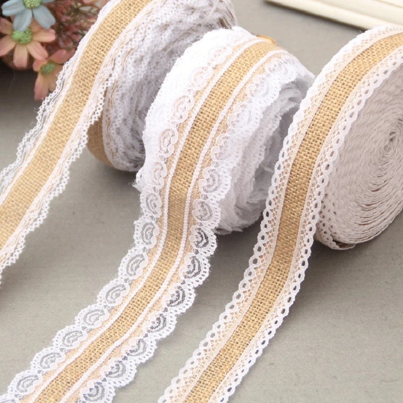 2Meter/Lot 25mm Natural Jute Burlap Hessian Lace Ribbon with White Lace Trim Edge Rustic Vintage Wedding Centerpieces Decor