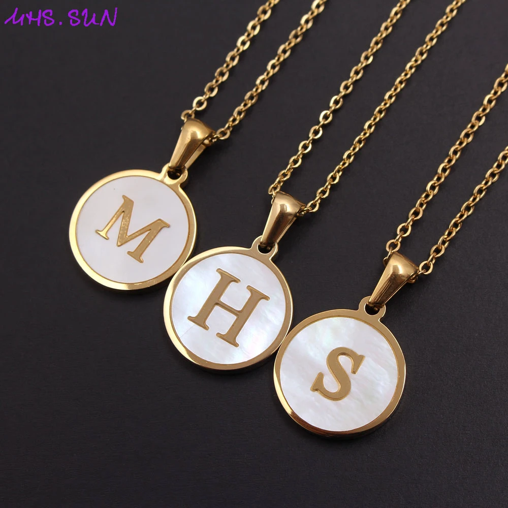 MHS.SUN Fashion 26 Letters Pendant Necklace Women Girls Alphabet Titanium Steel Chain Necklace Shell Jewelry Simple Design 1Pcs