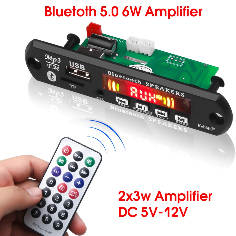 KEBIDU Hands-free MP3 Player Decoder Board 5V 12V Bluetooth 5.0 6W amplifier Car FM Radio Module Support FM TF USB AUX Recorders