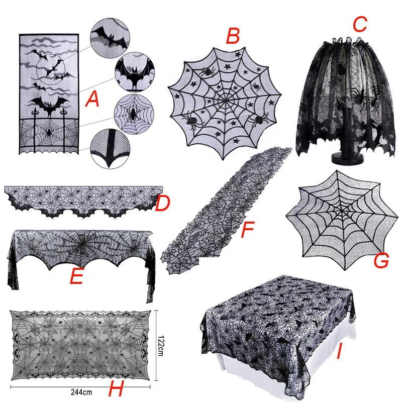 Hallowen Spider Tablecloth Black Lace Cobweb Fireplace Cover Table Runner for Halloween Home Event Party Decoration Props