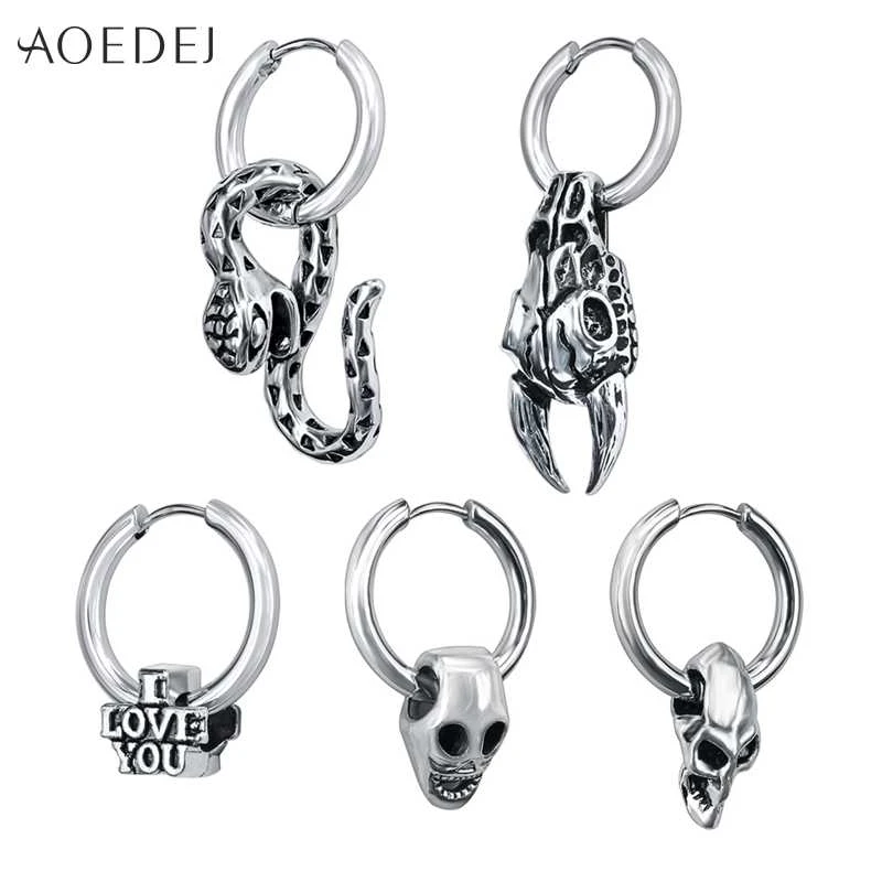 AOEDEJ Round Circle Earrings Small Hoop Earrings for Women Men Stainless Steel Vintage Skull Earrings pendiente aros mujer oreja