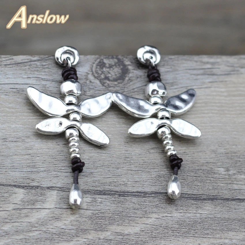 Anslow Fashion Jewelry New Arrivals Items Dragonfly Antique Silver Plated Leather Earring For Woman Mothe's Day Gift  LOW0095E