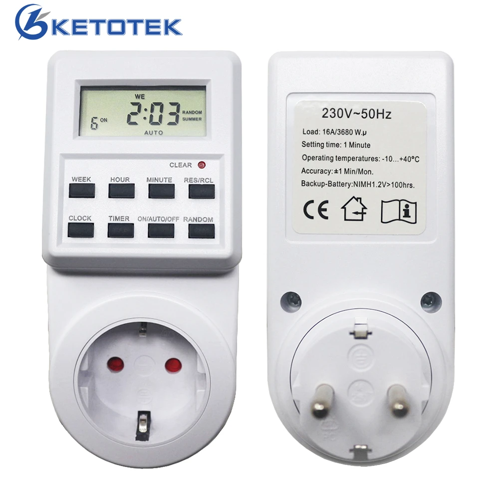 EU Plug-in Timer Switch 230V 16A Weekly Programmable  LCD Digital Timer Socket with Standard/Summer Time Countdown Timer Outlet